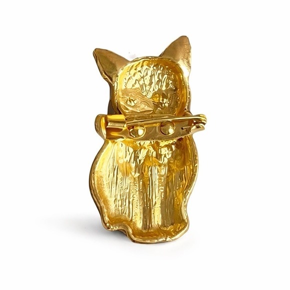 Rhinestone Cat Metal Brooch Black Enamel Gold Tone Green Eyes Pin 1.5" - Picture 2 of 3